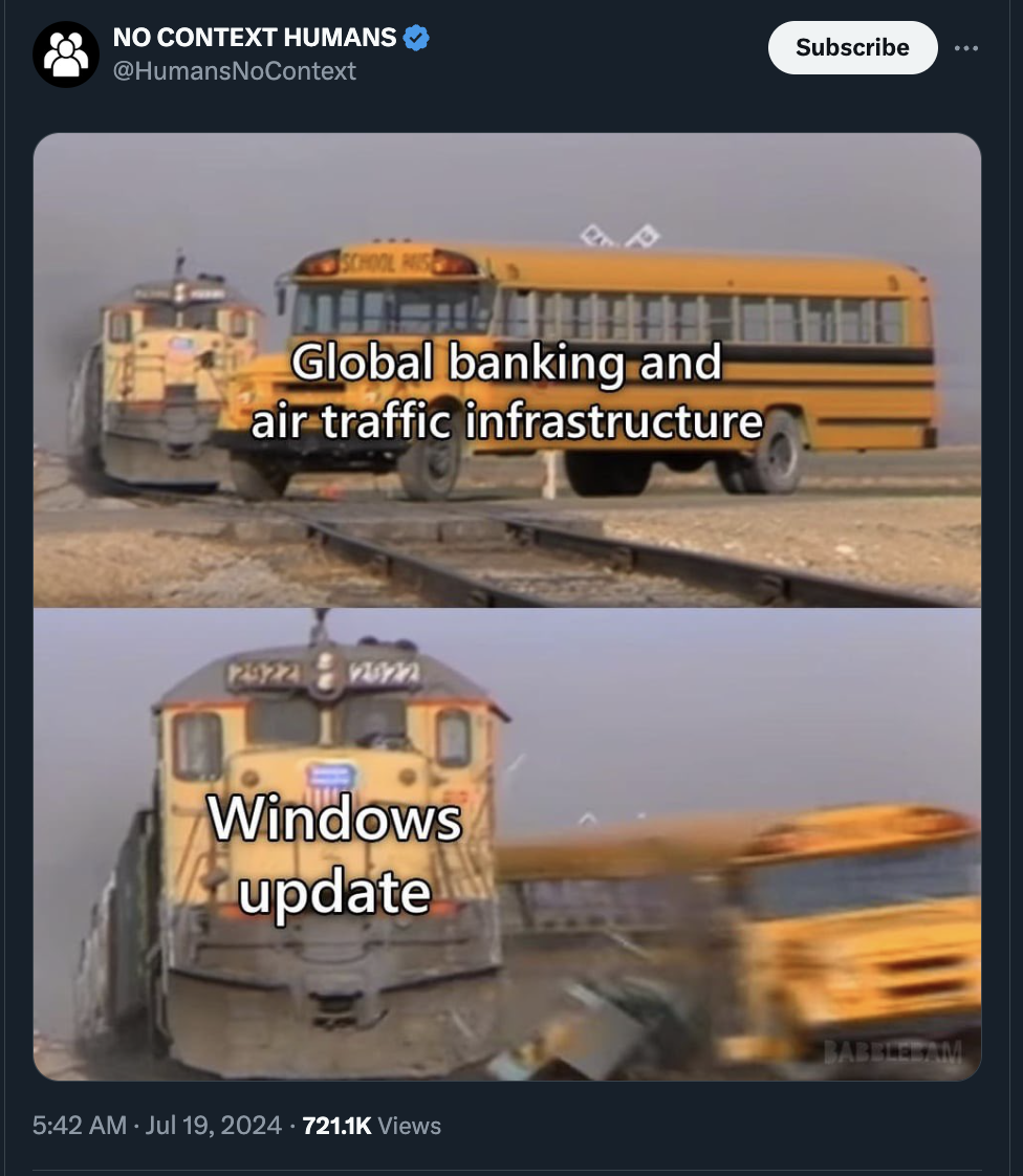 train crashing into bus meme - No Context Humans Subscribe Global banking and air traffic infrastructure Windows update Views